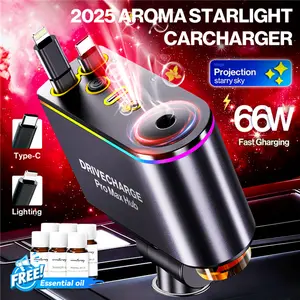 【Buy 1 Get 1 Free】Retractable Car Charger with Aromatherapy Diffuser ,True Fast Charging Dual Type-C and Lightning Adapter, Auto Spray Car Air Freshener with 6x10ml Oils ,Starlight led charger  Accessories for Car Compatible with iPhone Samsung Galaxy