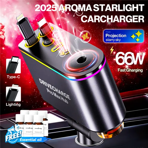 【Buy 1 Get 1 Free】Retractable Car Charger with Aromatherapy Diffuser ,True Fast Charging Dual Type-C and Lightning Adapter, Auto Spray Car Air Freshener with 6x10ml Oils ,Starlight led charger  Accessories for Car Compatible with iPhone Samsung Galaxy