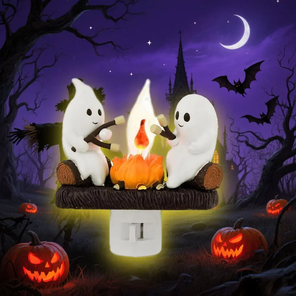 3D Flicker Flame LED Nightlight, Halloween Resin Irregular Decor with Spooky Marshmallow Ghosts, Ambient Decoration Lamp for Indoor Soft Glow Campfire Decor, Room Decor