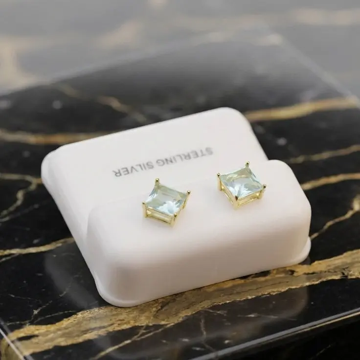 Blue Topaz Cz Earrings Square 14k Gold over 925 Sterling Silver