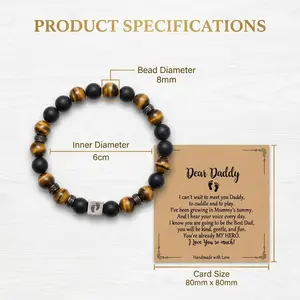 Men's 8mm Obsidian & Tiger Eye Beaded Bracelet with Footprint Charm - Elastic Stretch Men's Jewelry, Handcrafted Gift for New Dads, Father’s Day Keepsake