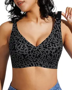 Popilush Women's Wireless Cooling Bra, Leopard Print Seamless No Underwire Push Up Minimizer, Cool Touch Breathable Soft Smooth Deep V Comfort Bralette with Adjustable Straps