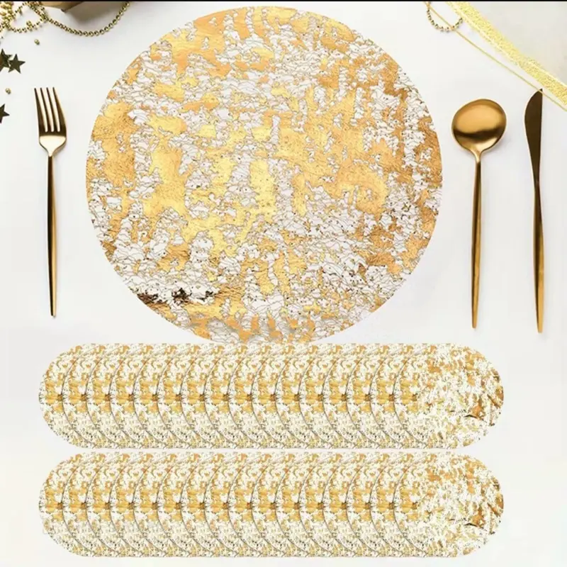 100 Pieces Luxury Gold Foil Grid Placemats Round Heat Resistant Table Mats Suitable for Wedding and Holiday Table Decorations BY230634