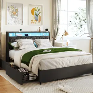 Full Size Bed Frame with Outlets & Charger & LED Light, Metal Full Platform Bed Frame with 4 Storage Drawers and Ergonomic Headboard, Full Bed Frame with Storage Shelf, Bed Frame Full Size, Noise-Free, No Box Spring Needed,Black