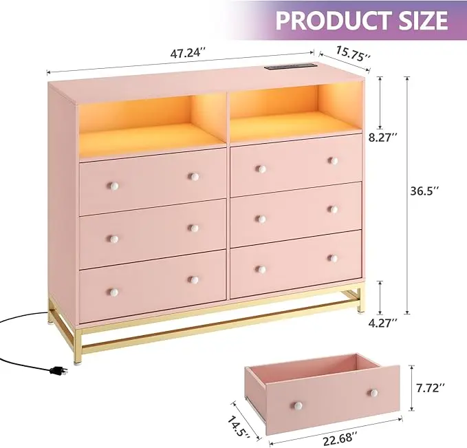 Dresser for Bedroom with LED Light & Charging Station, 6 Drawers Wooden Dressers for Women with Open Space, Modern Chest of Wide Drawers for Girls Bedroom Living Room, Entryway, Hallway