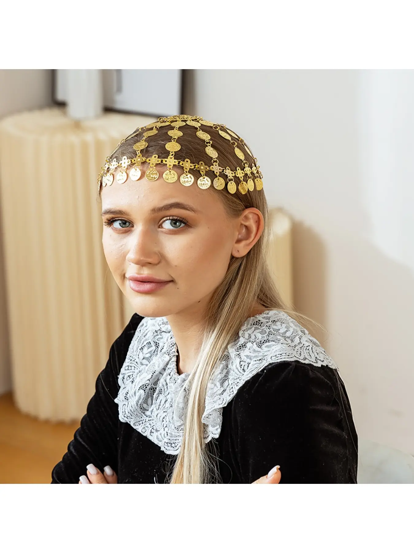 Fashion Creative New Headwear Popular in the Middle East Gold Alloy Hollow Sunflower Coin Fringe Hat Headwear Styling Accessory