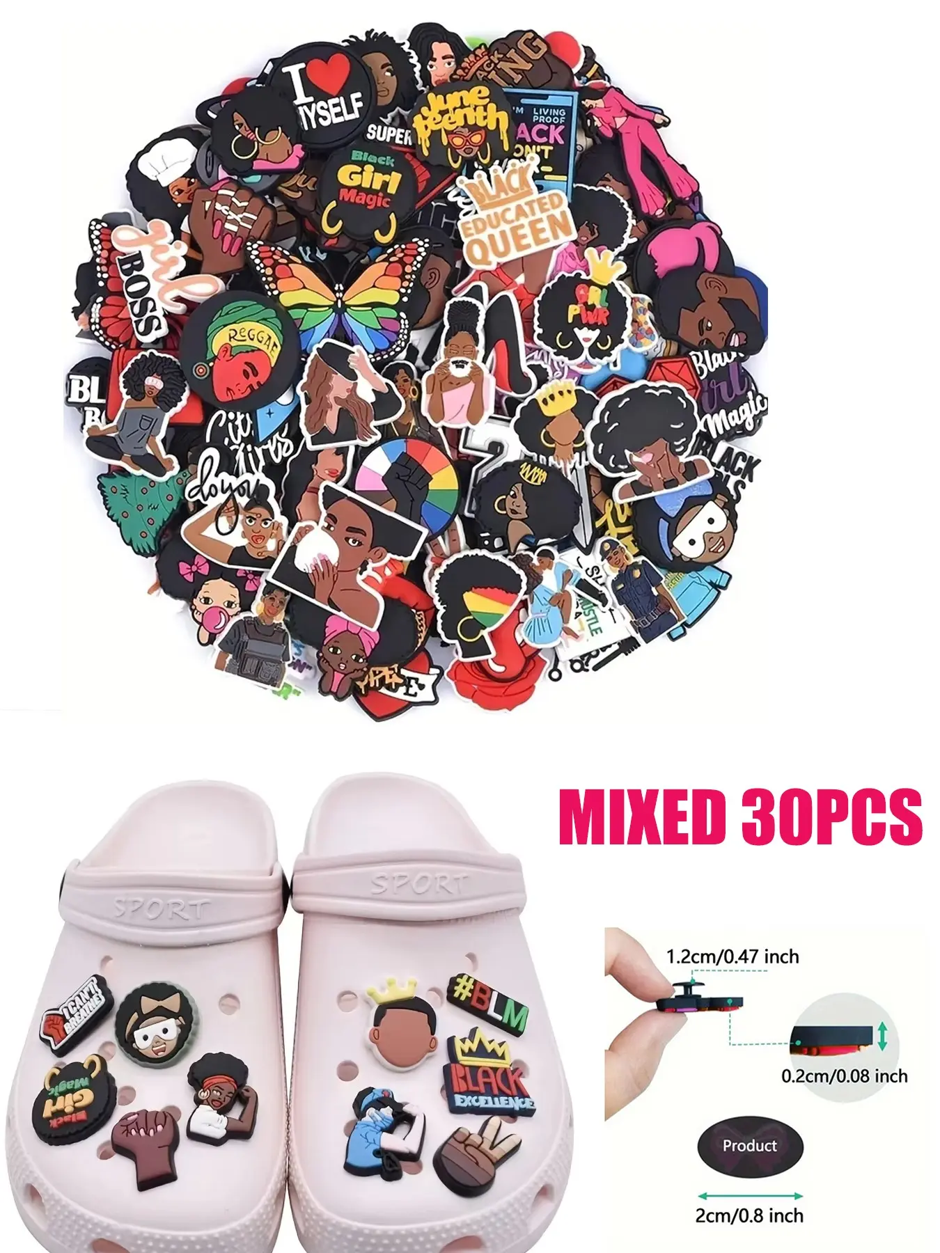 30-Piece History Month PVC Cartoon DIY Shoe Buckle Decor, Perfect for Family Gatherings, Christmas Parties, Birthday Gifts, Shoe Charm Set, Shoe Decoration Charms
