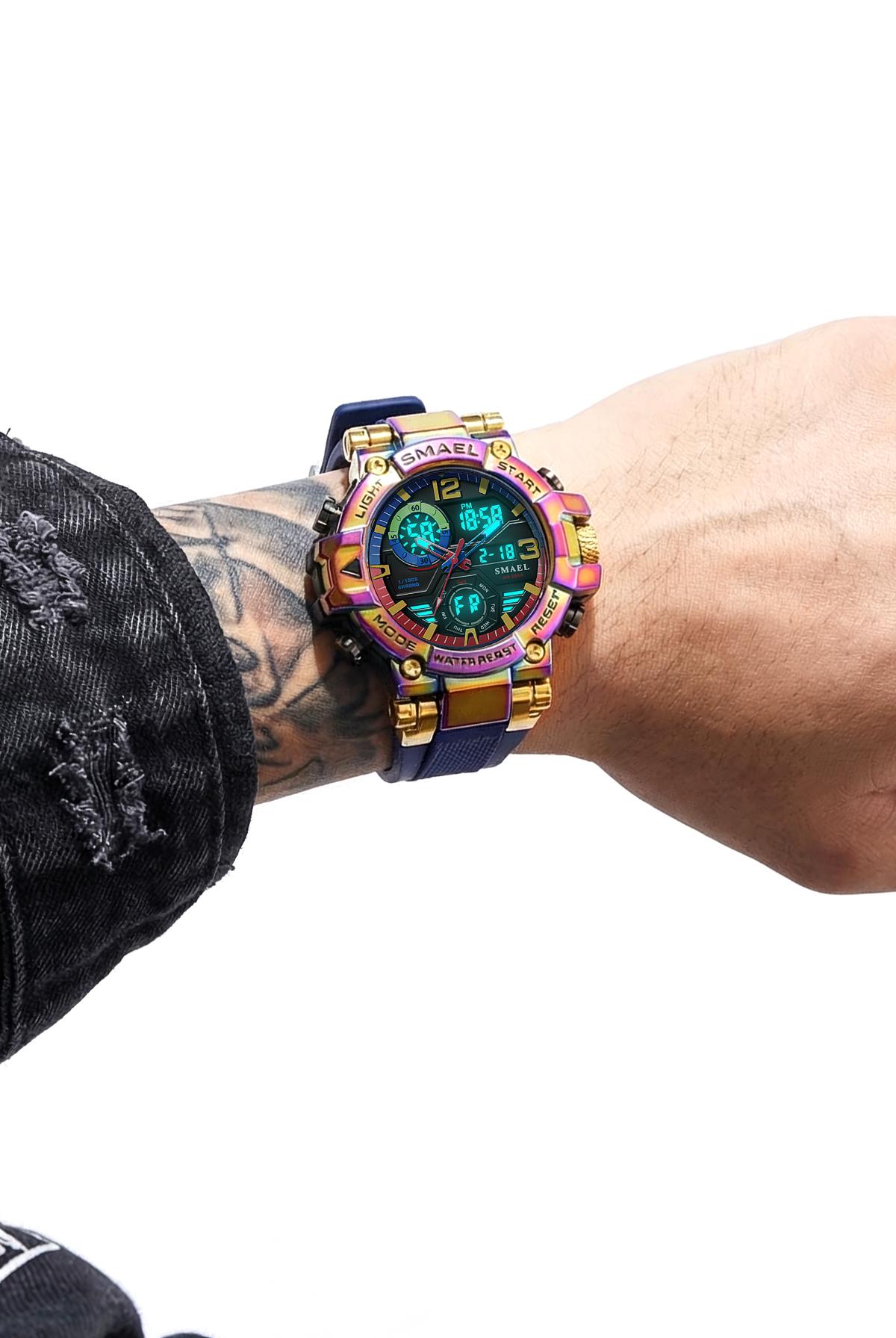 Men's Colorful Punk Style Quartz Watch, Jumpstart saleMulti.Functional Waterproof Dual Display Wristwatch,Tren, sportive analog-digital quartz watch, Birthday Giftwith Gift Boxfashionable wristwatch multifunctional men