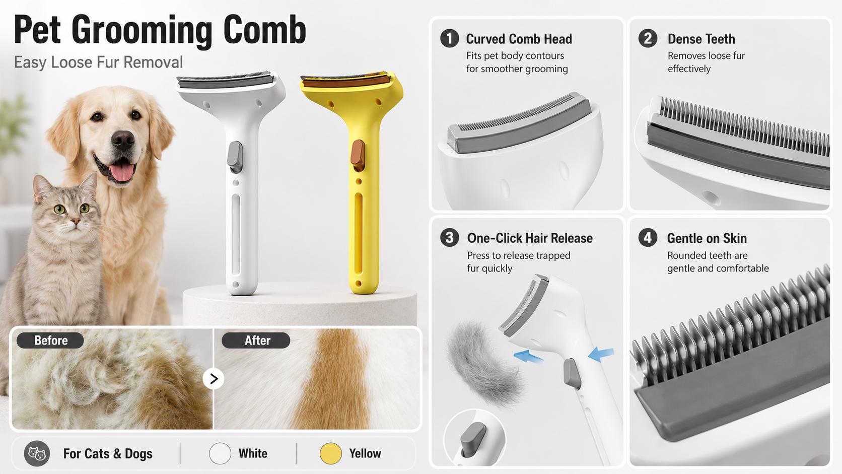 Pet Grooming Tool for Dogs & Cats, Deshedding Comb, Pet Hair Remover, Fur Removal Brush, Dematting Comb for Long Short Hair & Daily Coat Care