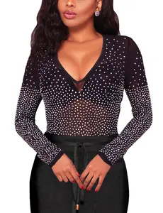 UEOIOW Women's Sparkly Rhinestone Mesh Top, 2026 Sexy V-Neck Long Sleeve Sheer Glitter Blouse, Party-Club Night Concert Outfit