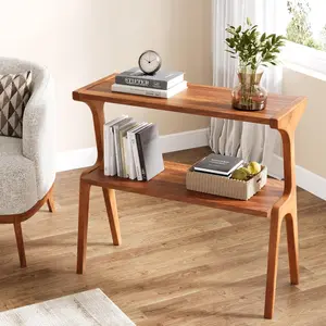 LITTLE TREE Narrow End Table for Living Room, Farmhouse Slim Sofa Side Table with Storage Shelves, Long Nightstand with Solid Wood Legs for Bedroom, Small Spaces, Easy Assembly, Cherry