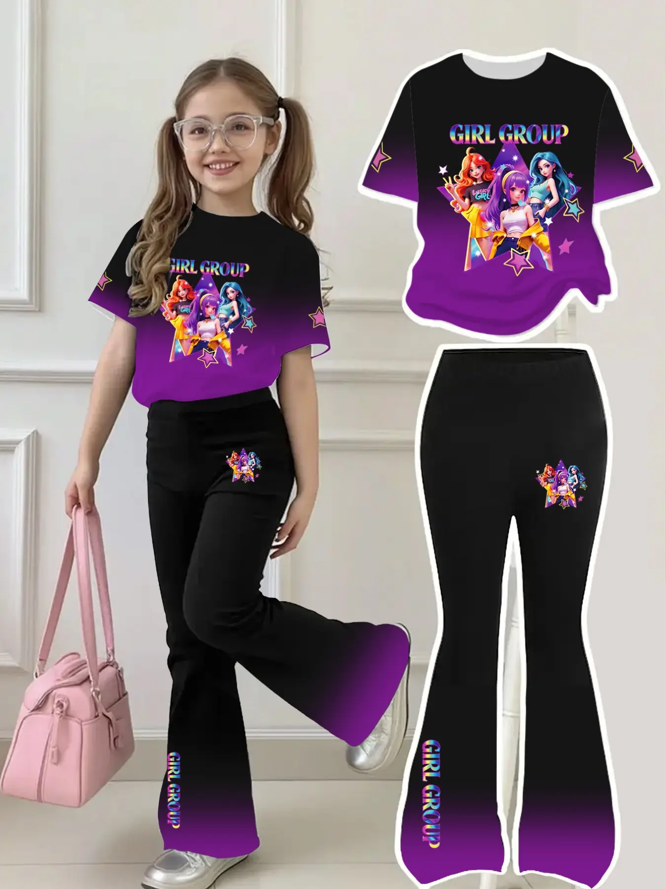 Girls' Cartoon Girl Group Set, Gradient Short Sleeve & Bell Pants, Comfortable Slim Fit, Breathable Fabric, Trendy Kids, Matching Outfits Set, Fashion Clothes Sets, Fashion Style Sets