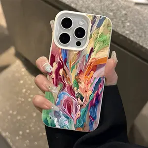 1PC Leather Pattern Case for Apple 15 Pro/15 Pro Max/14 Pro/14 Pro Max/13 Pro/13 Pro Max/12 Pro/12 Pro Max, artistic oil painting style phone case, creative fluid color leather soft case, niche personality, high-end feel, unisex