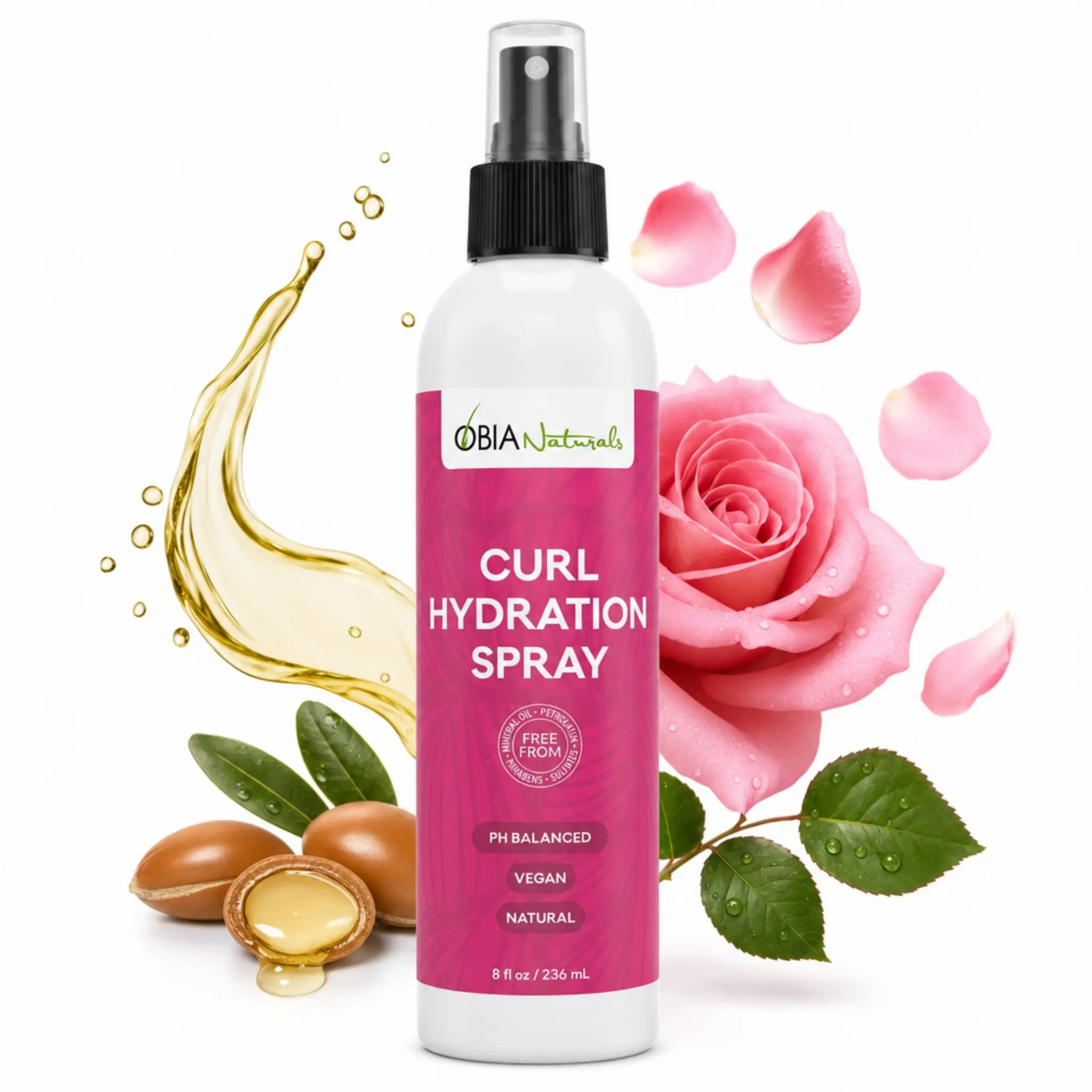 OBIA Naturals Curl Refresher Spray for Curly Hair – Day-2 Curl Reviver, Lightweight, No Residue, Argan & Rose, 8 oz