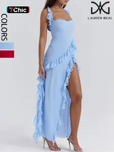 Women's Plain Ruffle Trim Split Hem Tank  Dress, Chic Sexy Sleeveless   Long Dress for Party Club Dating Wear, Ladies Clothes for Summer Fit