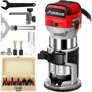 6.5 Amp 1.25  Compact Router Tools for Woodworking, Fixed Base  Router with Trim Router Bits, 6 Variable Speeds, Edge Guide, Roller Guide, Dust Hood (Red, 65mm)