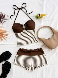 2-Piece Vacation Set, Fitted Striped Knit Top with Metal Buckle, Boho Style, Womenswear, Perfect for Parties, Dates, Nightclubs, Fall Fashion