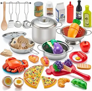 52-Piece Kids Kitchen Playset with Play Food & Stainless Steel Pots, Pretend Cooking Toys for Boys & Girls