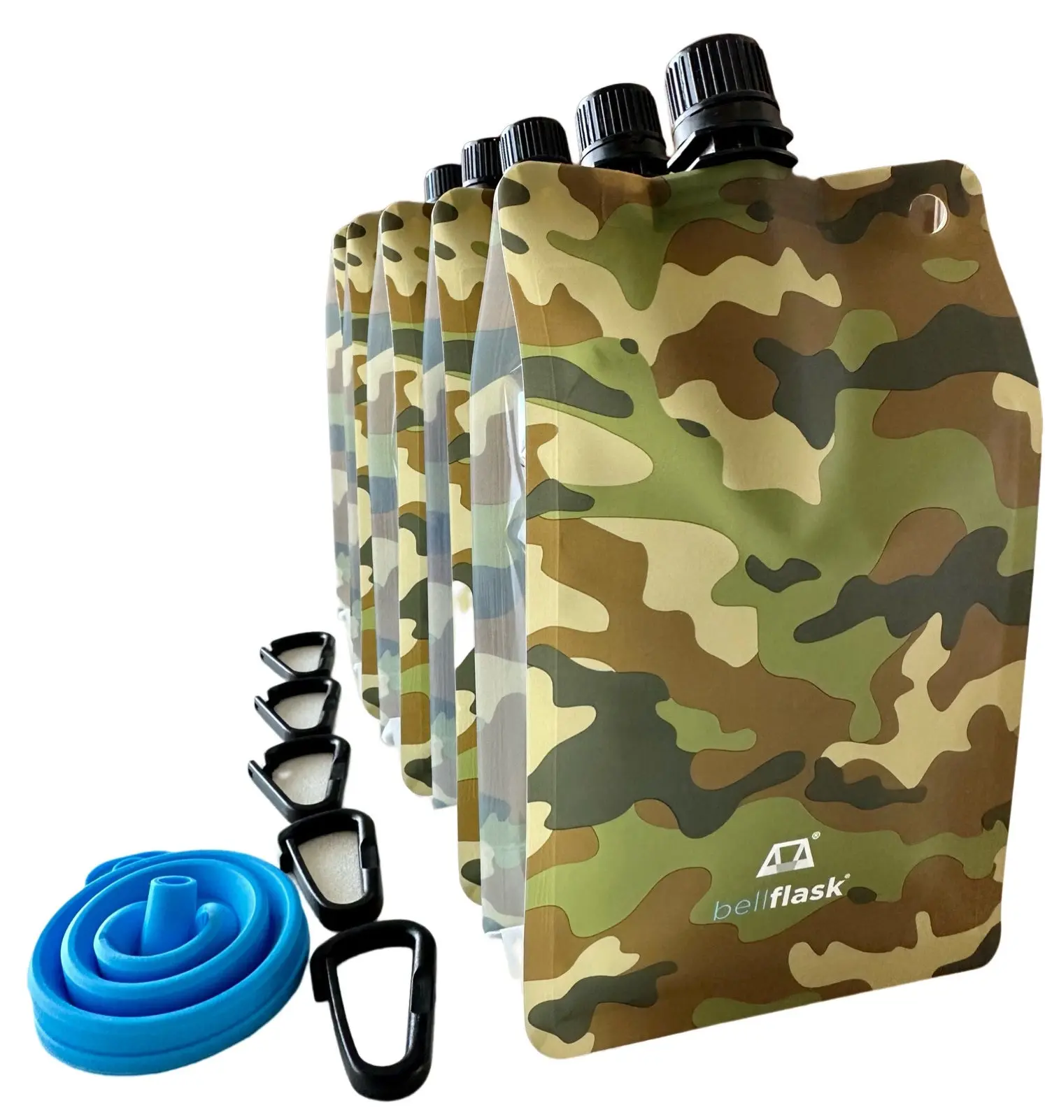 BellFlask -  (Pack of 5, Camouflage) 15 oz. Plastic Flask, Patented, Flexible, Metal-Free, Reusuable, BPA-Free with Carabiner Clip and Filling Funnel Drinkware Traditional