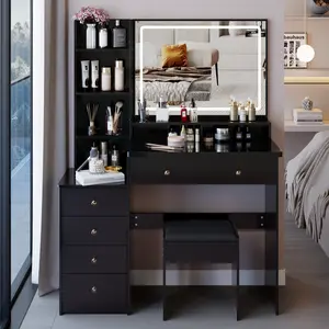 41" Large Makeup Vanity Set with Bedside Cabinet, Cushioned Stool, Extra Large Touch Control LED Mirror, 3-Color Switch, Multi-Layer High-Capacity Storage, EPA/GCC/UL Certified