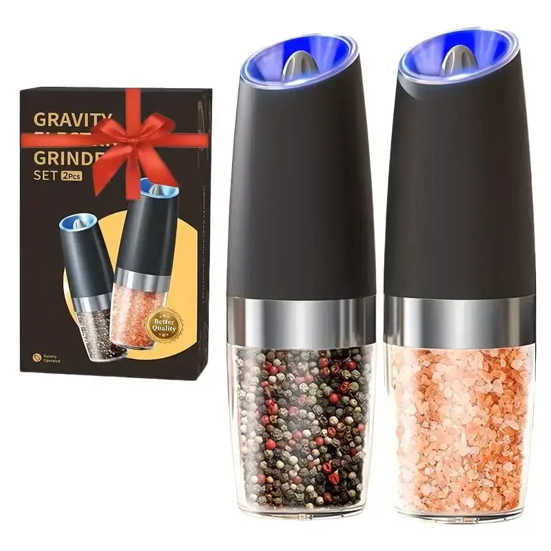 2-Pack Electric Salt & Pepper Dispenser Set, Kitchen Utensils with Adjustable Coarseness, LED Light, 1-Hand Operation, Large Capacity, Ceramic Mechanism, Suitable for Kitchen Use, Ideal for Christmas & New Year Gifts