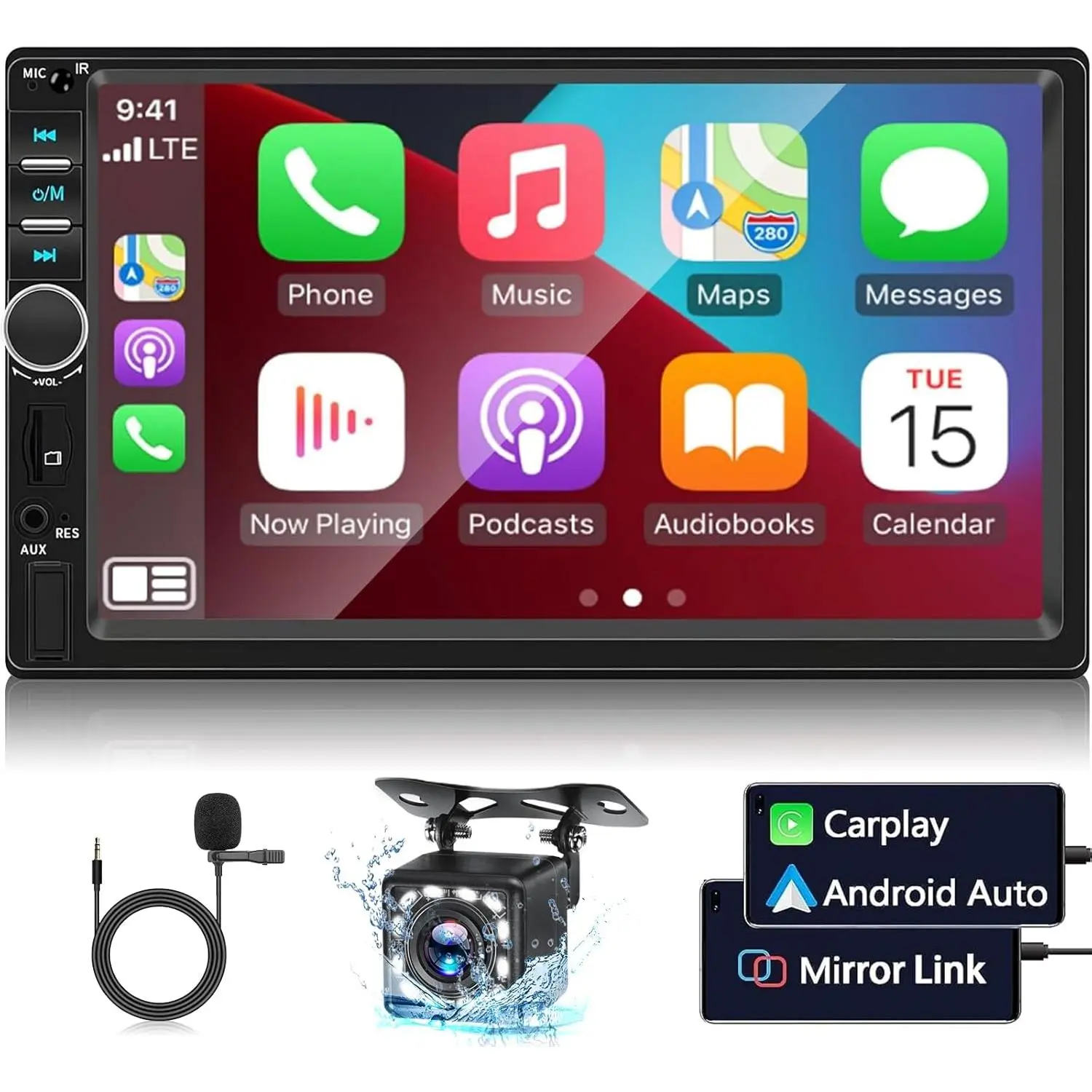 7 Inch Carplay Double Din Car Radio with Android Auto Bluetooth Handsfree Touchscreen Car Audio with Mirror Link FM/AUX/EQ/TF/AUX/SWC + Rear Camera+Microphone,SummerVibes