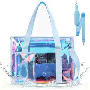 [2026 New Design] Women's Iridescent Large Zipper Beach Bag, Waterproof Sandproof Home Organizer Storage Tote with Bonus Makeup Bag