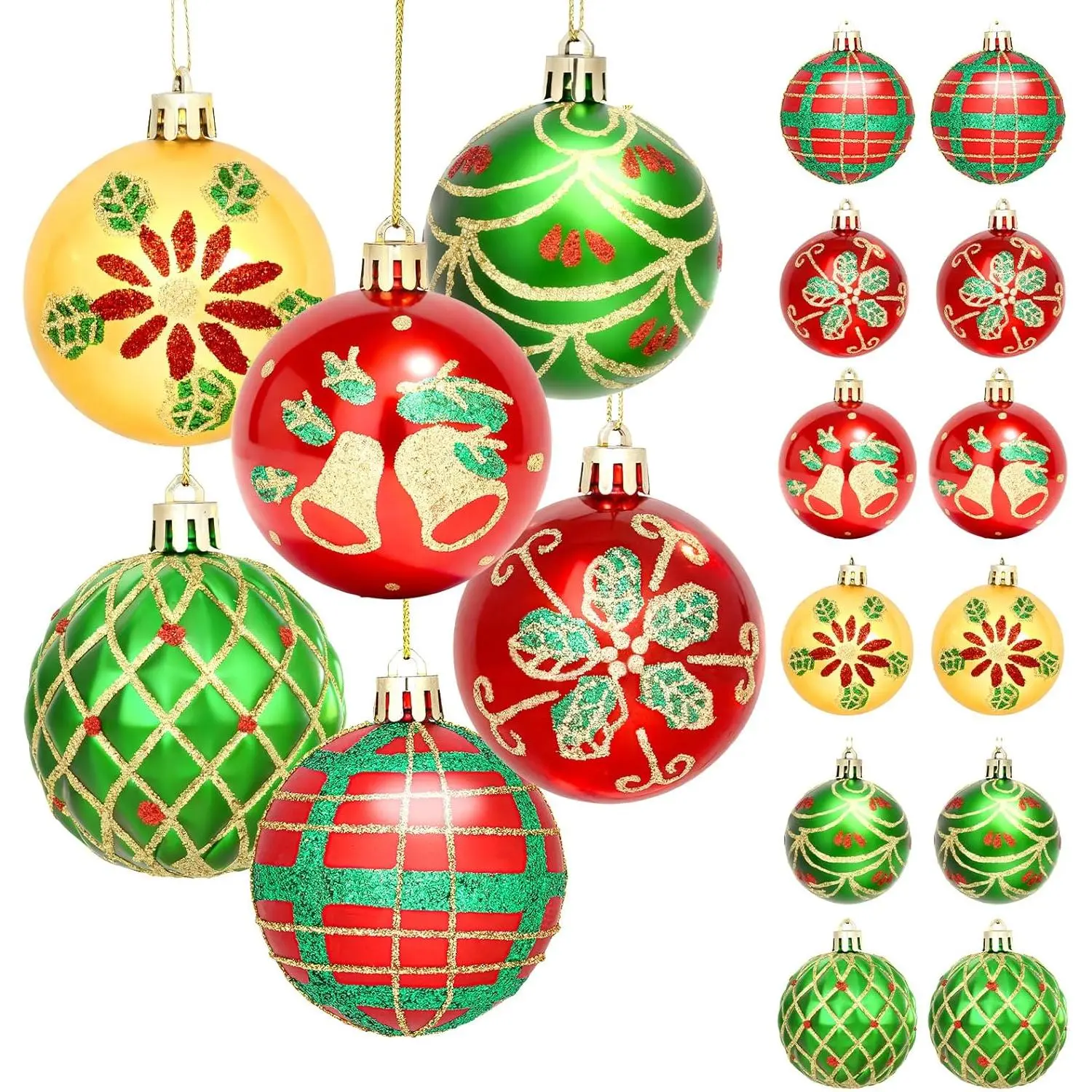 Christmas Ornaments 16 Pcs 2.5 Inch Red Green Gold Glitter Bulbs for Tree Holiday Home Decor