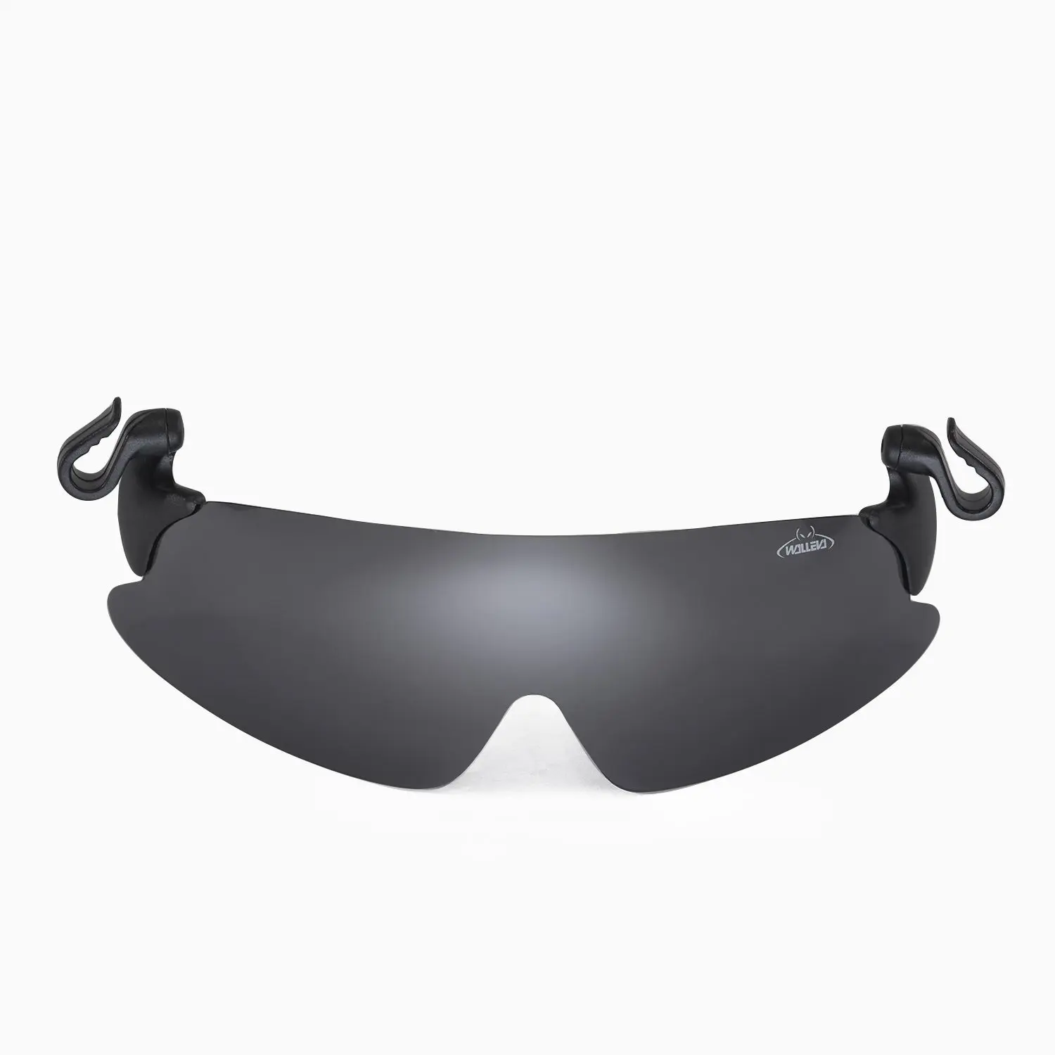 Walleva Black Hook-style shield sunglasses with flip-up clip mechanism