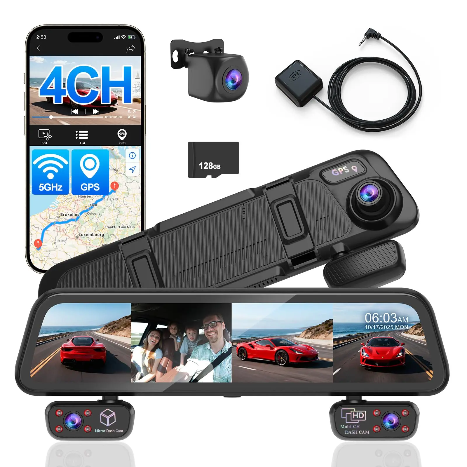Mirror Dash Cam 4 Channel,FHD1080Px4 Rear View Mirror Camera,IR Night Vision,GPS,Parking Monitor,Free128GB Card， Hd Driving Recorder，Dashcam Vehicle Automotive Dvr，Rotatable Dashcam Video Dashcam,car accessories， reverse view