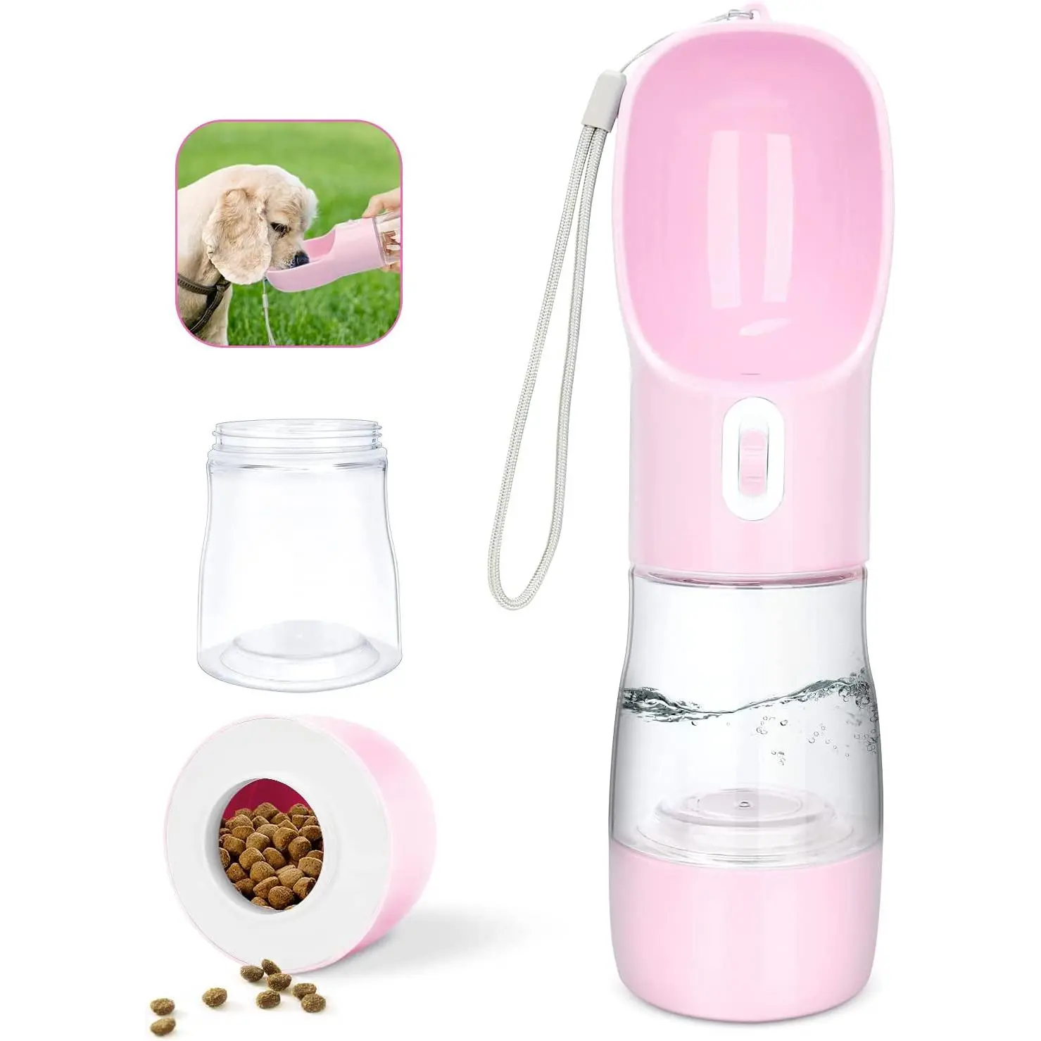 PetSafe Dog Water Bottle Portable Leak Proof Pet Water Dispenser & Food Bowl Lightweight Travel Water Bottle for Walking & Travel Pink