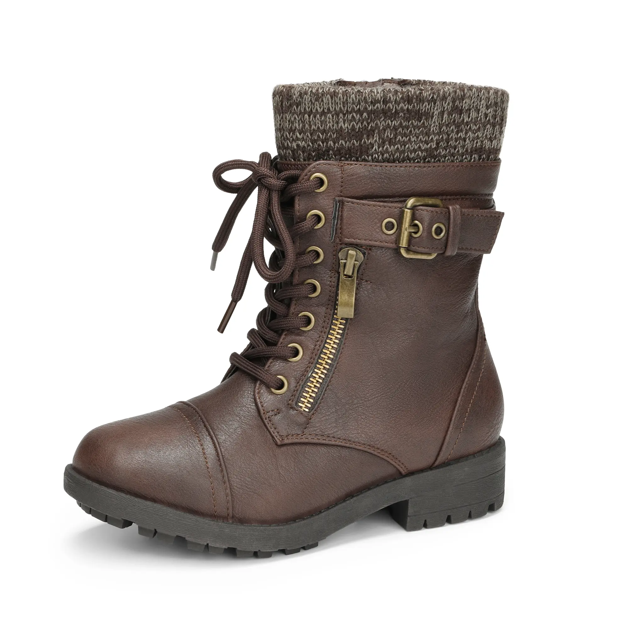 DREAM PAIRS Girls' Casual 1.2-in Low Heel Mid-Calf Combat Boots with Fuzzy Boot Covers, Durable Traction Sole, Full Size Only, Brown, Play-Ready Grip, 10-11 Years, Low Heels