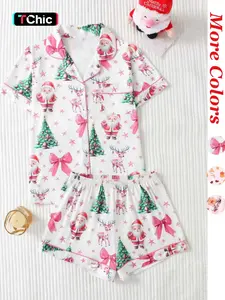 Women's Christmas Printed Pajama Set, Collared Button Short Sleeve Top & Comfortable Shorts, Elegant Homewear for All Seasons