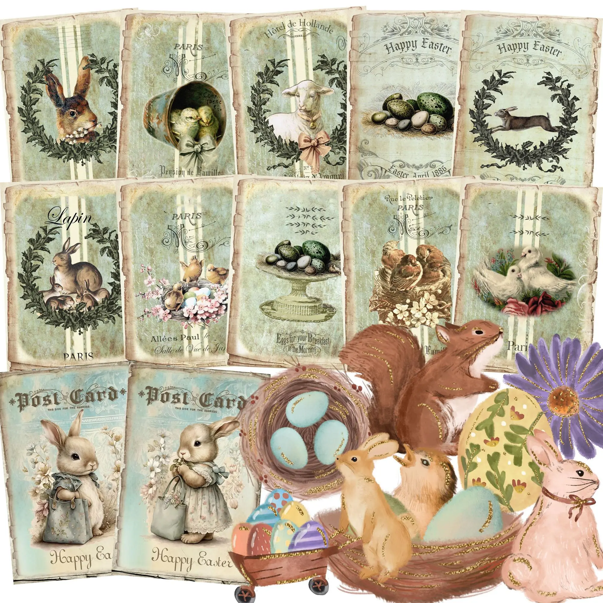 Vintage Easter Themed Card, 52pcs/set Including 12 Card & 40 Sticker, Scrapbooking Supplies, Junk Journal, Crafts, Greeting Card, Holiday Decorations