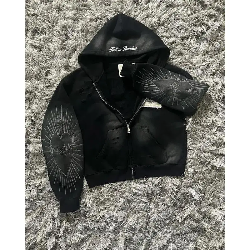 Men's Retro Gothic Cotton Streetwear Hoodie, Hell in Paradise Street Graphic Zip-Up, Embroidered Patchwork Loose Long-Sleeve Menswear Fashion Clothing Sweatshirt