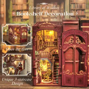 CUTEBEE Library of Wisdom DIY Miniature Book Nook with LED Lights Handmade Creative Toy Christmas & Black Friday Gift for Teens & Adults Home Shelf Decoration Dust Cover Model Boat Kit Miniature Set Building Blocks Set