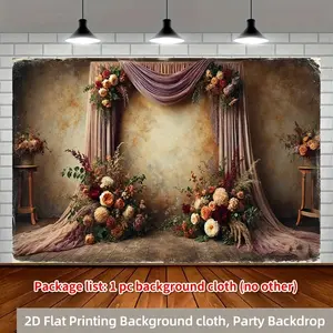 2D Flat, 1pc Vintage Romantic Wedding Polyester Party Backdrop Banner - 8x6ft, Floral Garland with Draped Curtains, Ideal for Holiday Parties, Home & Garden Celebrations, Studio & Outdoor Events, Wedding Decorations