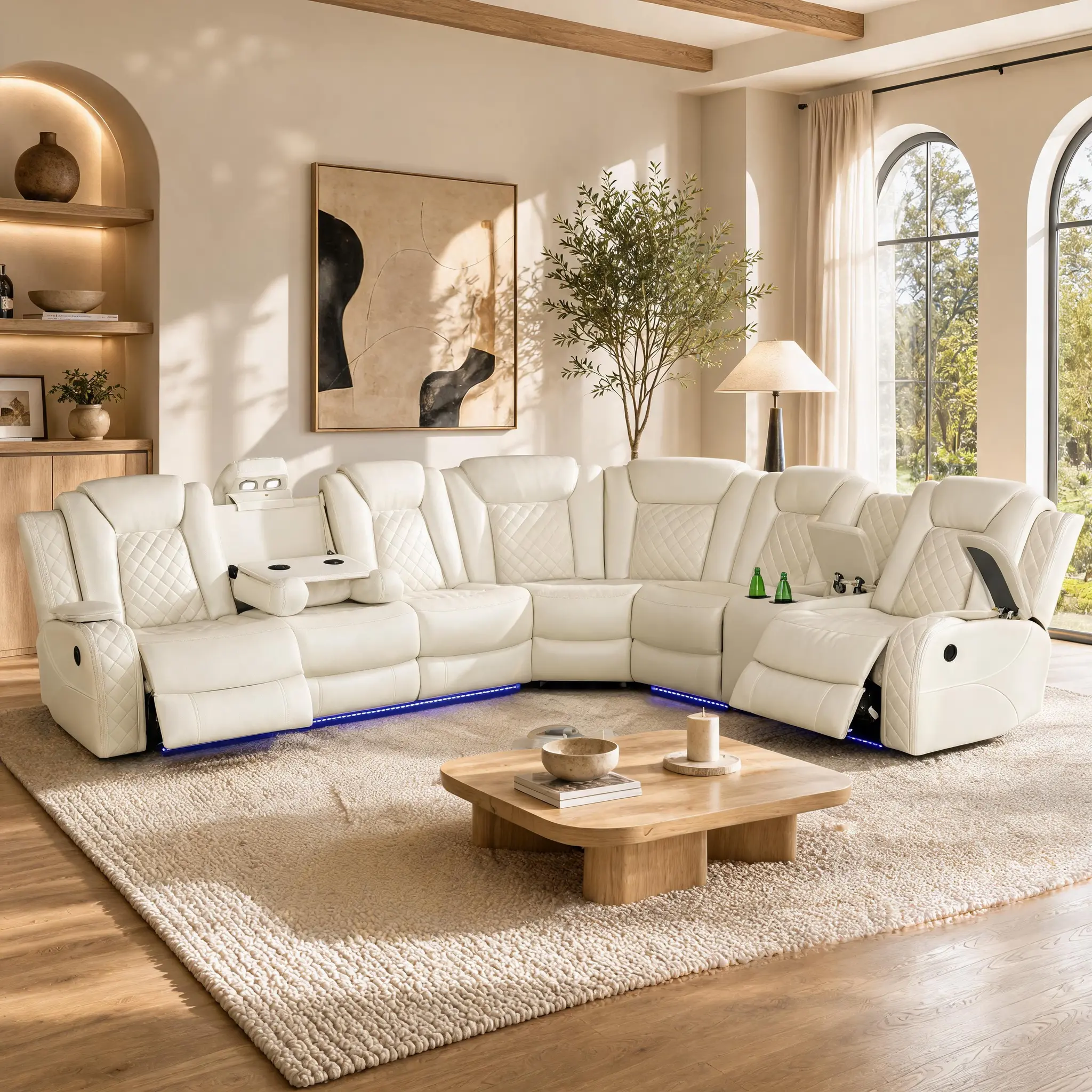 3-Piece Lifestyle Power Reclining Leather Living Room Set, Off-White Breathing Leather Modern Ensemble with Loveseat & Chair, Wood Frame, Durable, Windproof, Assembly Required for Cozy Living Spaces