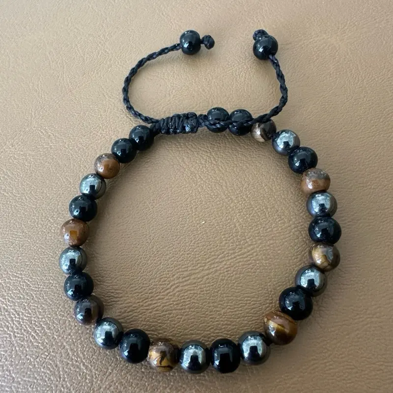 Fashionable Adjustable Bracelet for Male & Female, Natural Stone Jewelry Accessory with Grounding Black Onyx, Protective Hematite, Confidence-Boosting Tiger’s Eye, Sleek Black & Earthy Tones