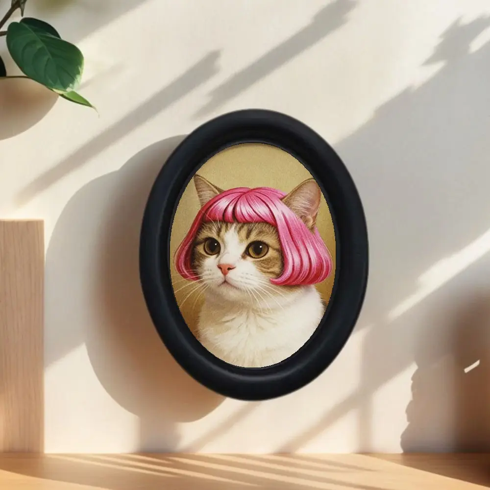 Vintage Cute Barbie Cat Pattern Oval Frame Framed Home Decor Artistic Decorative Painting, Perfect for Christmas Thanksgiving Home Office Wall Decoration
