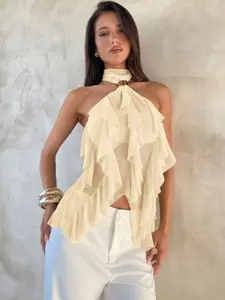 Backless Halter Top with Metal Buckle Decoration, Layered Ruffle Design, Slim Fit Back Cut Out, Elegant Plain Style for Women, Womenswear