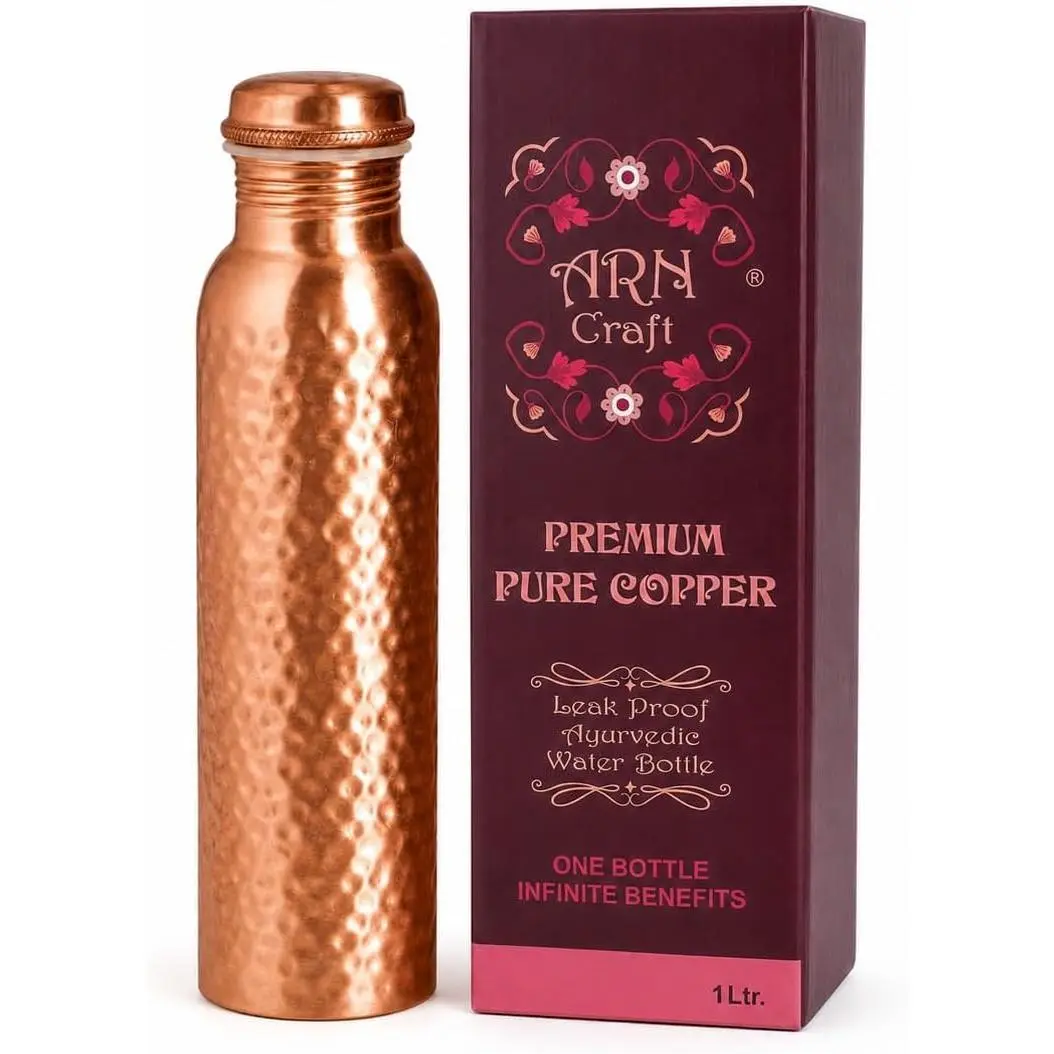 Copper Water Bottle - 34oz - Handcrafted Ayurvedic 100% Pure Copper Water Bottle for Drinking |Men & Women| Leak-Proof Lid BPA Free Non-Insulated & Eco Friendly with Premium Quality for Sport