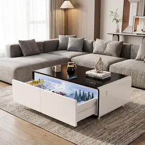 Smart Coffee Table, Living Room Table with Built in Fridge and Speakers, Smart Table with 15W Wireless Charging, USB Chargers and 110V Outlets