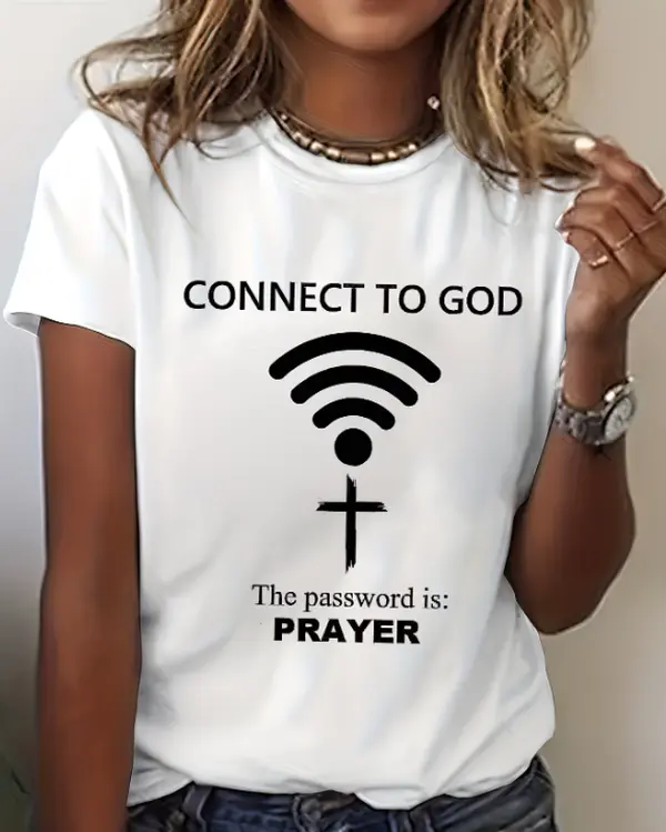 Connect To God The Password Is Prayer WiFi Cross Print Women's White Casual Short Sleeve Funny Christian Faith T-Shirt