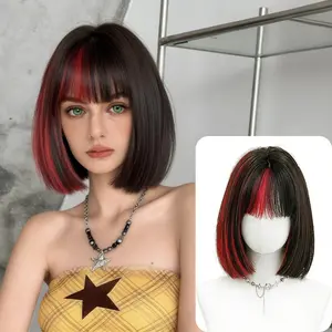 Lotfon Ladies' non adhesive synthetic wig, cool Black with Red Highlights short hair, easy to wear, can be worn and left immediately, adjustable head circumference, comfortable fit, instantly give you a fashionable hairstyle