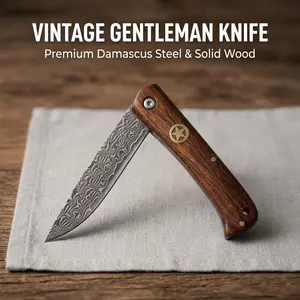Perfect Gentleman's Gift Damascus Pocket Knife with Wood Handle for EDC & Daily Use SummerVibes