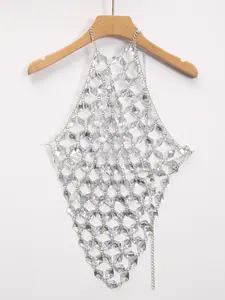 Women's Rhinestone Decor Halter Cami Top, Fashion Hollow Out Backless Cami Top For Party Holiday Vacation, Ladies Clothes For All Seasons