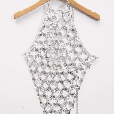 Women's Rhinestone Decor Halter Neck Short Cami Top Fashion Hollow Out Backless Cami Top For Party Holiday Vacation, Ladies Clothes For All Seasons