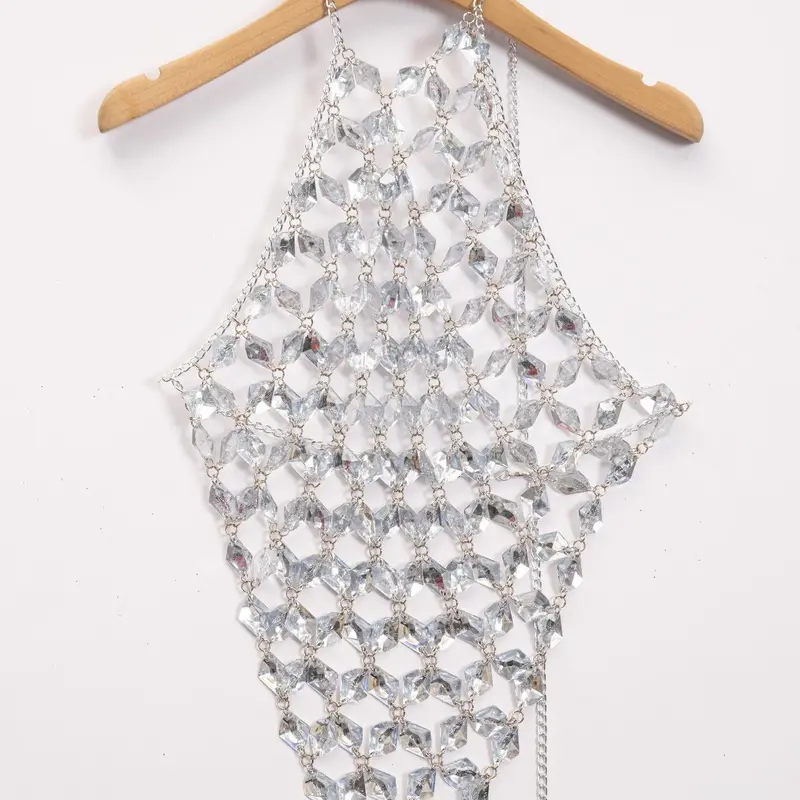 Women's Rhinestone Decor Halter Neck Short Cami Top Fashion Hollow Out Backless Cami Top For Party Holiday Vacation, Ladies Clothes For All Seasons