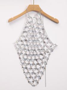 women's rhinestone decor halter cami top, chic fashion hollow out backless cami top for party holiday vacation, backless top, ladies halter neck clothes for all seasons, womenswear